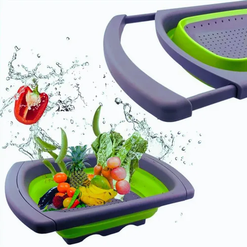 Vista 3 de Colador de silicona plegable – Colador plegable que ahorra espacio para pasta, verduras y frutas, 3 peladores adicionales – Colador de cocina grande
