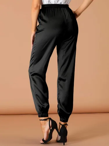 Vista 5 de Allegra K Pantalones deportivos de satén con cordón elástico para mujer, longitud al tobillo, con bolsillo
