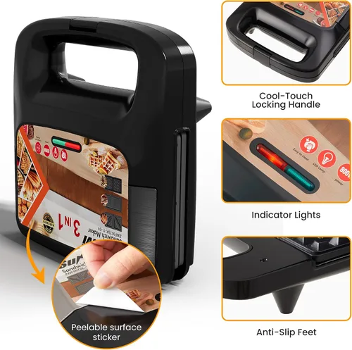 Vista 3 de Máquina 3 en 1 para Gofres, Parrilla y Sándwiches, Sandwichera Prensa Panini Plancha de Gofres con Placas Antiadherentes Extraíbles y Luces