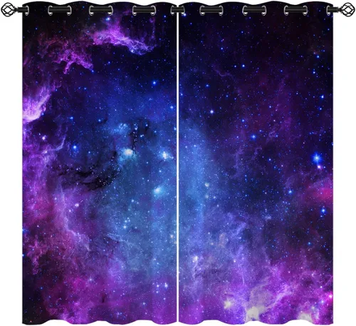 Vista 15 de Cortinas opacas de nebulosa galaxia para niñas y niños, decoración del hogar, universo galáctico, galaxias espaciales, planeta, ojales, cortinas
