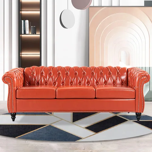 Vista 10 de Chesterfield Sofás para sala de estar, brazo enrollado negro de 3 plazas, cuero sintético de 84 pulgadas, sofá grande con botón profundo con cabeza