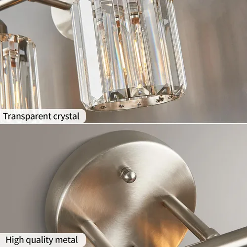 Vista 5 de Moderna lámpara de tocador de cristal de 2 luces, lámpara vertical de baño de níquel cepillado sobre espejo para tocador y lavabo, compatible
