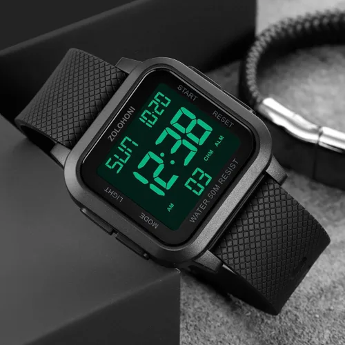 Vista 3 de Reloj digital zolohoni para hombre, relojes de acero inoxidable cuadrados, relojes de pulsera para hombre impermeables de cara grande con hora dual