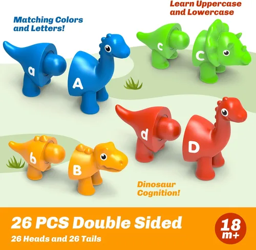 Vista 2 de 26 piezas de juguetes de aprendizaje del alfabeto de dinosaurios para niños de 3 a 5 años, juego de emparejamiento ABC de doble cara con mayúsculas