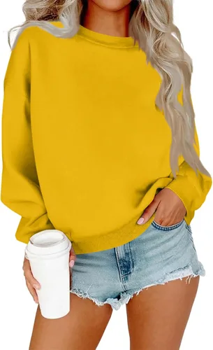 Vista 17 de Sudadera de manga larga para mujer, sudaderas de gran tamaño, ajuste holgado, color liso, tallas S-2XL