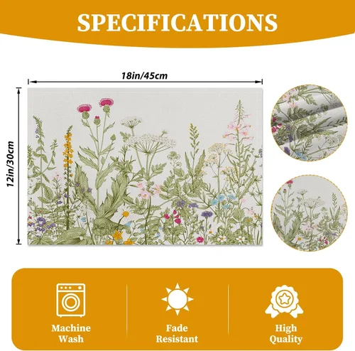 Vista 4 de Juego de 6 manteles individuales vintage con flores silvestres de 12 x 18 pulgadas, manteles individuales de tela de lino con plantas de jardín
