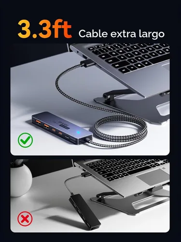 Vista 5 de QUUGE Concentrador USB-C, 2 USB-C y 2 USB-A de 10 Gbps, 100 W PD, cable de 3.3 ft para SSD