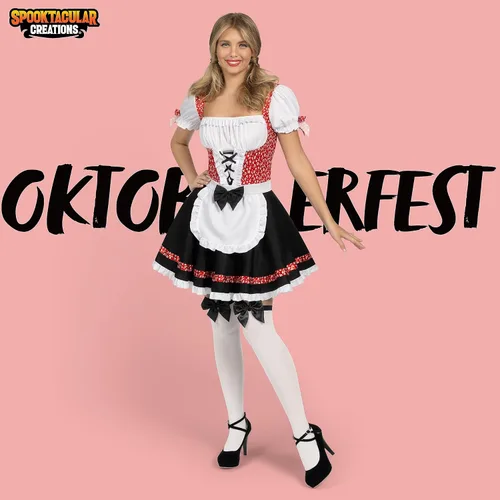 Vista 2 de Spooktacular Creations - Conjunto de disfraz de Oktoberfest alemán para mujer, vestido de niña de cerveza alemana negro y rojo y medias altas