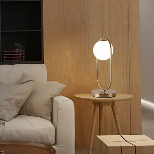 Vista 3 de Globo lámpara de mesa dorada lámpara de mesa moderna de mediados de siglo lámpara de mesa de cristal blanco lámpara de mesa pequeña lámpara de mesa