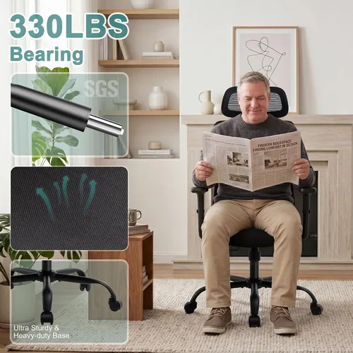 Vista 6 de Shintenchi Silla de oficina de malla, silla ergonómica de escritorio de oficina en casa con soporte lumbar ajustable, reposacabezas, inclinación
