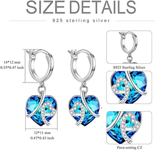 Vista 3 de AOBOCO Aretes colgantes de cristal de corazón, aretes de aro de plata de ley para mujer, nudo de amor, regalos de joyería para ella, Cristal