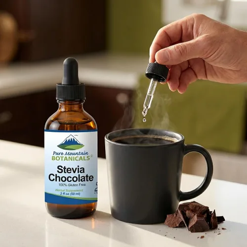 Vista 7 de Gotas líquidas de estevia de chocolate saborizadas con chocolate negro dulce natural, sin alcohol y kosher, botella de vidrio de 2 onzas