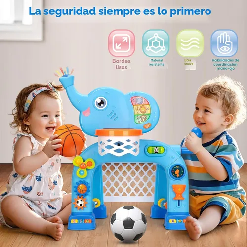 Vista 5 de Aro de baloncesto y portería de fútbol para niños de 1, 2, 3 años, juguete deportivo para niños con música de sonido ligero, juguetes Montessori Azul