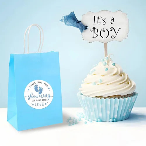 Vista 5 de Calcomanías de recuerdo de baby shower, 240 unidades para niño, tema de pies azules de 2 pulgadas, huella, agradecimiento por celebrar con nosotros
