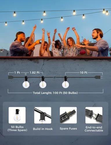 Vista 6 de Cadena de luces para exteriores – Cadena de luces al aire libre, impermeable, de 100 pies, luces LED de color blanco cálido regulables, control