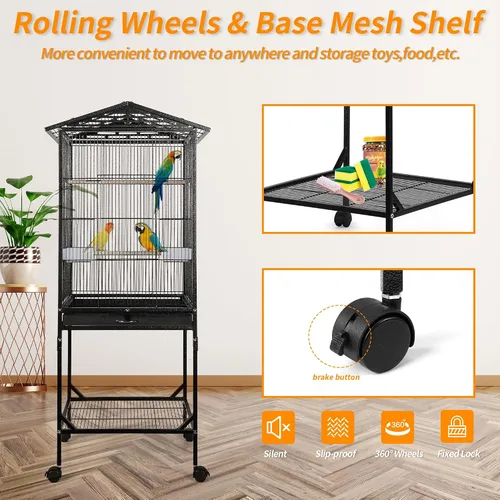 Vista 4 de WeGear Jaula para pájaros de hierro forjado de 47 pulgadas con tapa abierta y soporte rodante, jaula para pájaros mediana y pequeña para loros