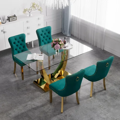 Vista 57 de Juego de mesa de comedor de cristal moderno de mediados de siglo para 4, 63 pulgadas, juego de comedor rectangular grande de lujo con parte superior