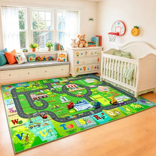 Vista 5 de Chicrug Alfombra de carretera de automóvil de 3 x 5 para niños, sala de juegos, dormitorio, antideslizante, de pelo bajo, lavable, alfombra