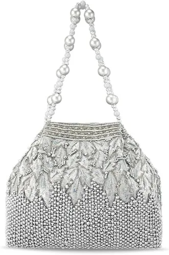 Vista 8 de Aheli Potli - Bolsas de noche para mujer, bolso de mano étnico para novia con cordón (P66S), plateado