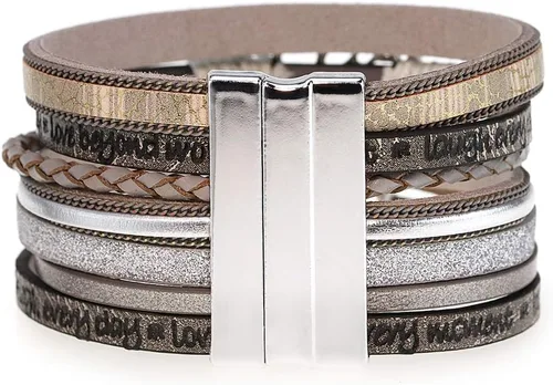 Vista 4 de SuYi - Pulsera de cuero trenzado de múltiples capas, con hebilla magnética