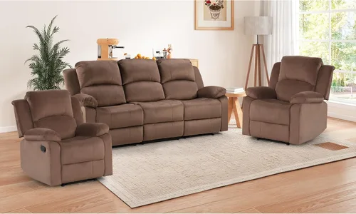 Vista 8 de EBELLO Juego de sofá reclinable manual, moderno juego de muebles reclinables de microfibra para sala de estar, incluye 2 sillas reclinables y 1 sofá