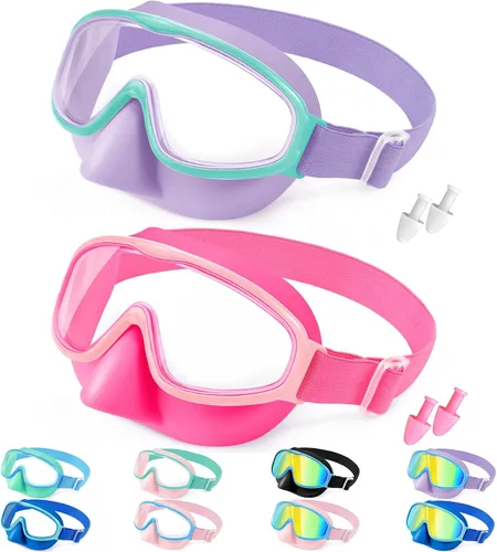 Vista 15 de Vvinca Kids Goggles with Nose Cover for 3-12,Comfort Fabric Strap Wide View 03-negro azul y rosa azul