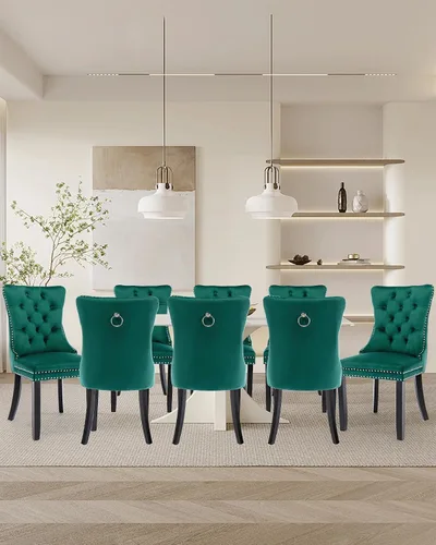 Vista 129 de Juego de 2 sillas de comedor de terciopelo con patas de madera, color beige Mid Century Modern Dining Chairs,Upholstered Chairs with Nailhead