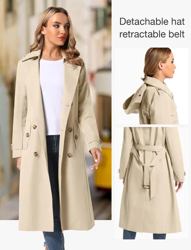 Vista 4 de poonyfesh Gabardina larga impermeable resistente al viento para mujer clásica con solapa de doble botonadura con capucha extraíble