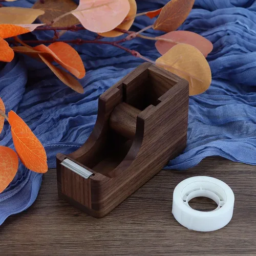 Vista 6 de Buqoo Dispensador de cinta de madera de nogal con soporte para bolígrafo integrado, organizador de escritorio todo en uno para oficina/escuela