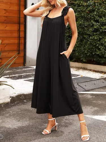 Vista 3 de MIEAZOM Enterizo sin mangas de pierna ancha para mujer, estilo casual, con volantes, tirantes delgados, elásticos, holgados, pantalones largos