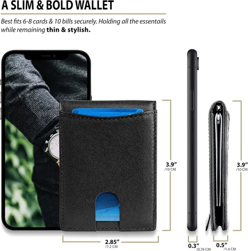 Vista 5 de Billeteras de piel de vaca genuina con bloqueo RFID y bolsillo frontal minimalista para hombres con clip para dinero Negro Cartera delgada Rfid