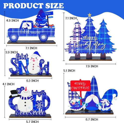 Vista 2 de NEROSUN 5 piezas de decoraciones de centro de mesa navideñas, letreros de decoración de mesa de madera de muñeco de nieve navideño, Papá Noel