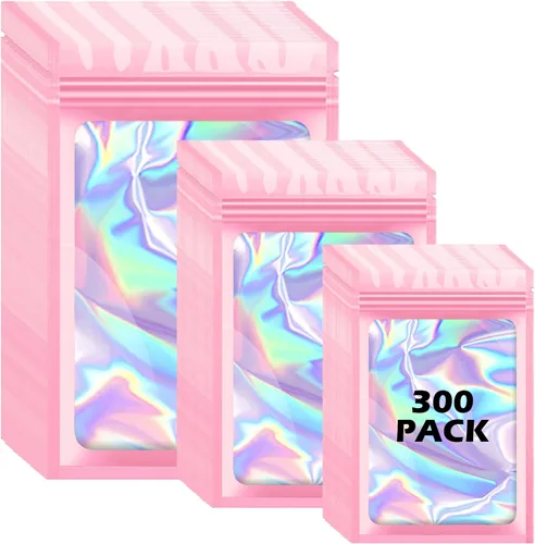 Vista 12 de 300 bolsas holográficas de mylar, 3 tamaños, bolsas a prueba de olores con ventana transparente, bolsas de papel de aluminio resellables
