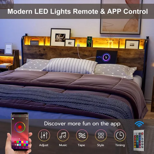Vista 10 de IKIFLY Base de cama tamaño King con cabecera de estante de almacenamiento y Marrón rústico