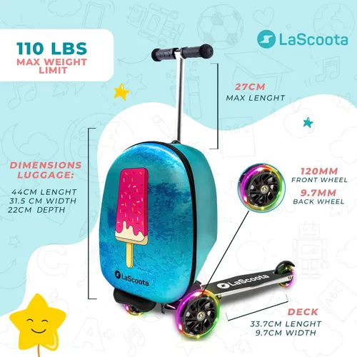 Vista 2 de Lascoota Maleta de scooter, equipaje plegable para niños, equipaje ligero para niños con ruedas, luces LED, maleta gráfica, maleta para niños
