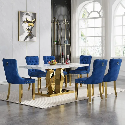 Vista 11 de Juego de 5 mesas de comedor de mármol sintético, juego de mesa de cocina y comedor para 4, mesa de comedor rectangular blanca de 70 pulgadas