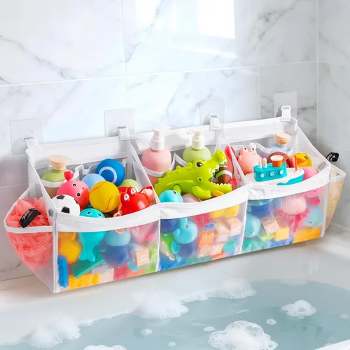 Vista 10 de Extra Large Bath Toy Organizer with 3 Compartments and Multiple Pockets, Quick-Dry Mesh Bathtub Storage for Kids' Toys (Blue)