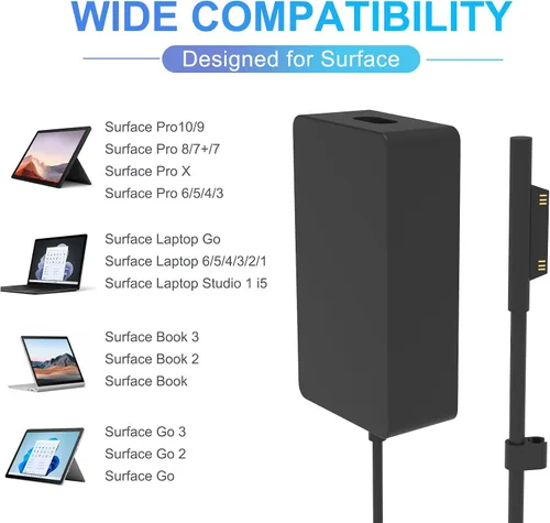 Vista 2 de Cargador de superficie de 65 W para Microsoft Surface Pro 10/9/8/7, Surface Laptop 6/5/4/3, Surface Book, Surface Go, adaptador de corriente