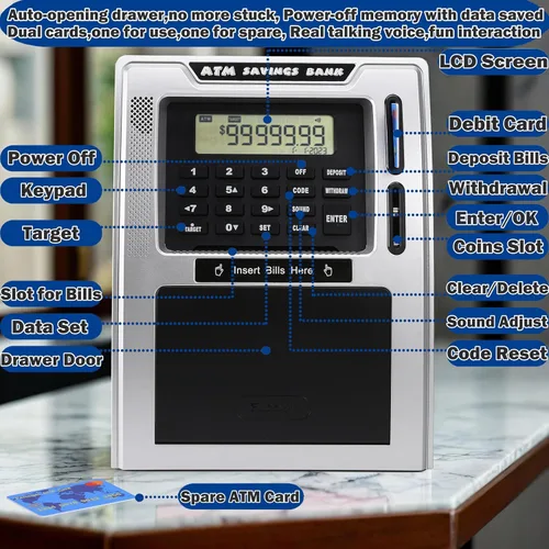 Vista 5 de Fishboy Caja de ahorros parlante estilo cajero automático para niños con dos tarjetas de débito, memoria de apagado, cajón de apertura automática