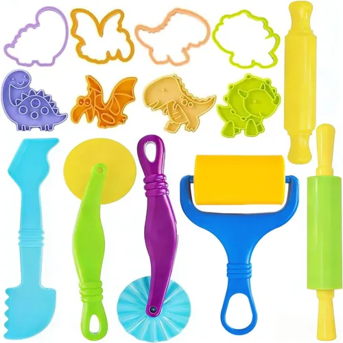 Vista 8 de Herramientas de masa para niños, accesorios de masa, moldes de dinosaurio, rodillos de frutas, tijeras y caja de almacenamiento, juego de recuerdos