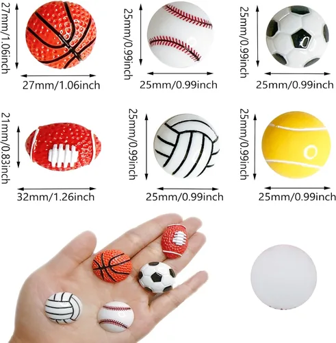 Vista 2 de Dijes de resina con parte trasera plana, 30 piezas grandes de baloncesto, fútbol, voleibol, béisbol, cuentas de resina sin agujero, cuentas