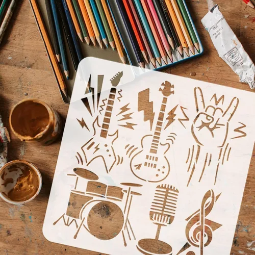 Vista 3 de FINGERINSPIRE Plantilla de música de 11.8 x 11.8 pulgadas, rollo de rock, instrumentos musicales, plantilla de pintura para bricolaje, guitarra