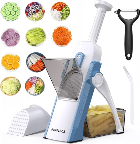 Vista 15 de Jonscook Rebanador de mandolina todo en uno seguro para cocina, picador de alimentos con contenedor, cortador de verduras con grosor ajustable