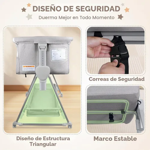 Vista 5 de BIERUM Moisés de bebé para bebé – Moisés de noche ajustable de 7 alturas con ruedas bloqueables, fácil de montar, cuna portátil con bolsa de Gris