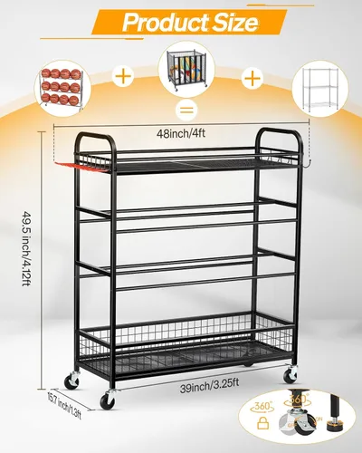 Vista 2 de EXTCCT Organizador de equipo deportivo de garaje, contenedor de almacenamiento de bolas rodantes con ruedas, estante de equipo deportivo de garaje