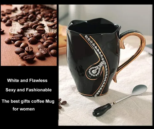 Vista 5 de Taza de café con diamantes de imitación, taza de agua de 14 onzas para oficina y hogar, taza de café única, bonitas tazas de café de cerámica