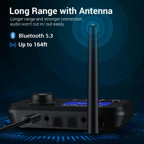 Vista 5 de Receptor transmisor Bluetooth 3 en 1 Bluetooth 5.3 adaptador de audio para 2 auriculares con control de volumen de derivación interruptor