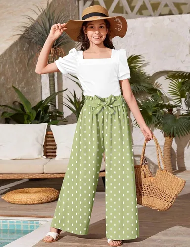 Vista 50 de DONWEN Conjunto de 3 piezas de ropa para niñas pequeñas y niñas con cuello cuadrado + pantalones elegantes + diadema para primavera y verano