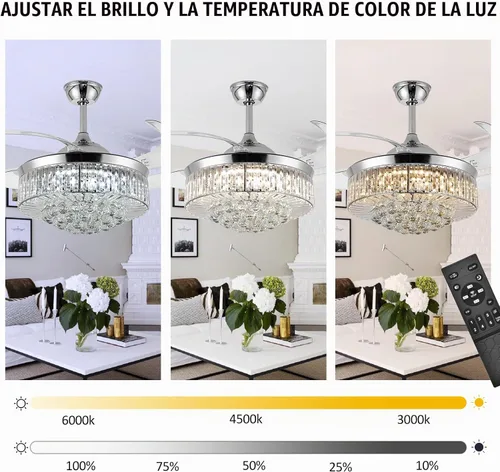 Vista 7 de Ventilador de techo invisible de 36", lámpara de araña de cristal moderna con control remoto, 4 aspas retráctiles de ABS para dormitorio, sala
