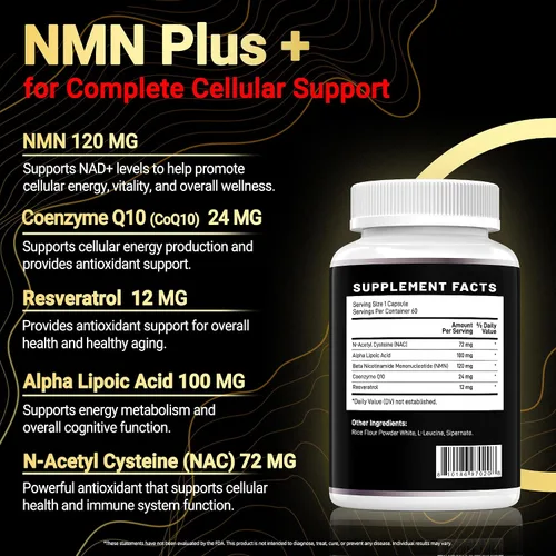 Vista 4 de NMN Complex Plus+ para mujeres y hombres con NAC, ácido alfa lipoico, CoQ10 y resveratrol, energía celular 5 en 1 y apoyo al envejecimiento